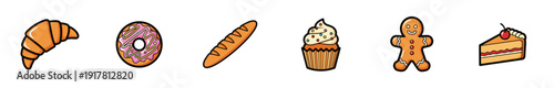 Set of colorful bakery and pastry icons on a white background