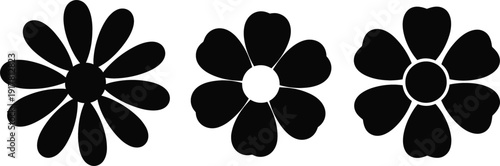 Black flower silhouette set with different petal shapes isolated on white background floral vector illustration