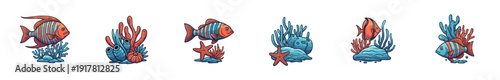 Tropical fish and coral reef icons on a white background