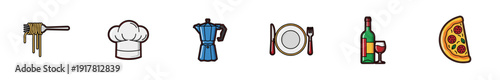Set of colorful Italian food and restaurant icons on white