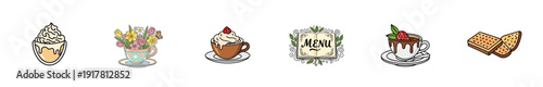 Variety of dessert and cafe icons on white background