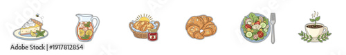 Variety of breakfast and cafe food icons on white background