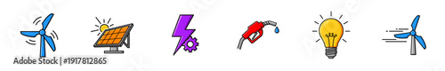 Set of colorful energy and renewable resource icons on white