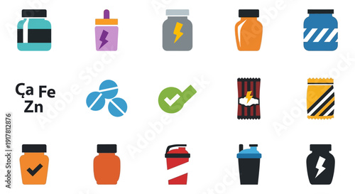 Collection of various supplement bottle icons with different designs and symbols.