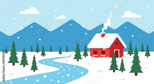 Cozy red house in snowy mountains landscape with river and pine trees.