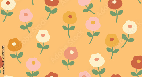Colorful floral pattern with pastel flowers on yellow background.