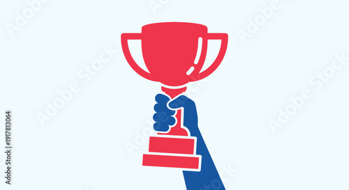 Hand holding a red trophy cup on a white background.