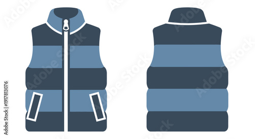 Blue Striped Puffer Vest Front and Back View Illustration.