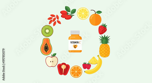 Vibrant Fruits Surrounding a Bottle of Supplements.