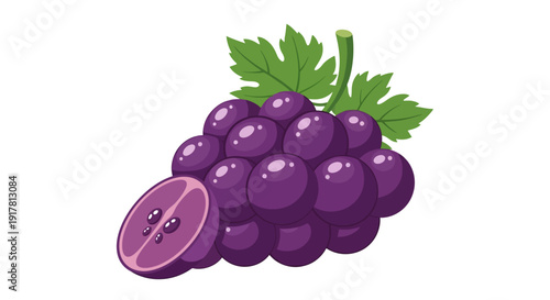 Bunch of ripe purple grapes with green leaves and a halved grape.