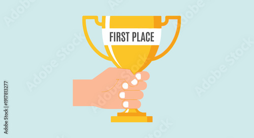 Hand holding a golden trophy with first place ribbon.