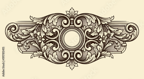 Ornate vintage decorative element with floral patterns and swirling motifs.