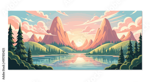 Serene mountain landscape with a lake at sunset.