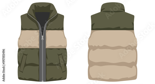 Vector illustration of a sleeveless puffer jacket with front and back views.