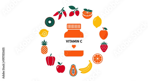 Vitamin C Supplement with Fresh Fruits and Vegetables.