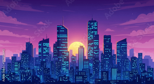 Vibrant City Skyline at Dusk with Skyscrapers and Sunset.