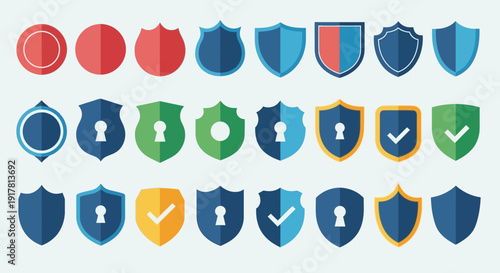 Collection of various shield icons in different colors and designs.