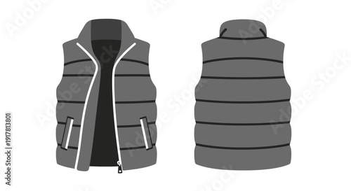 Gray Puffer Vest Front and Back View Illustration.