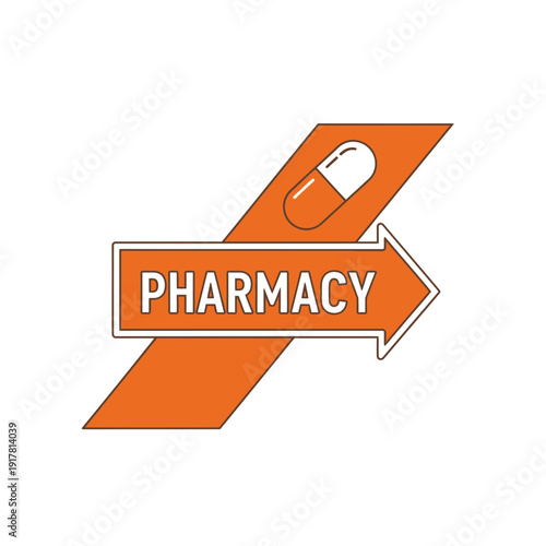 A Bold Orange Arrow Sign Directing Towards the Pharmacy, Symbolizing Health and Medicine