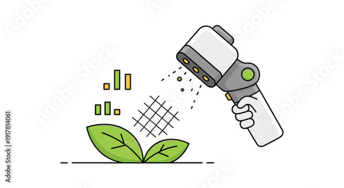A hand holds a smart device spraying particles onto green plant leaves with data visualization elements appearing alongside them, Generative AI.