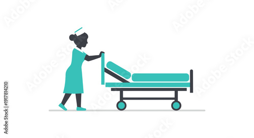 A Nurse Assists With a Hospital Bed in a Modern Simplified Illustration