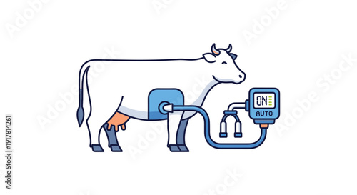 A dairy cow is being milked by an automated milking machine showcasing modern farm technology, Generative AI.