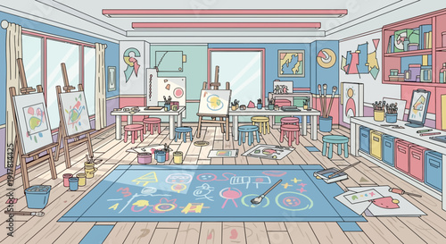 Art Studio with Paintings and Supplies.