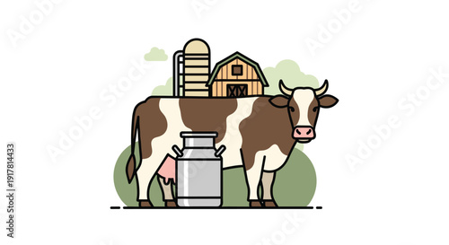 A brown and white dairy cow stands beside a traditional milk can with a barn and silo in the background, Generative AI.