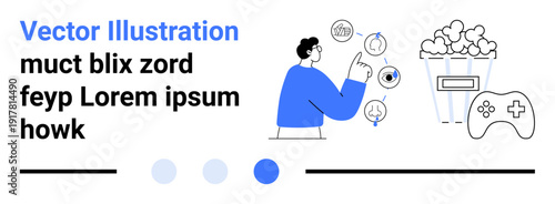 Man pointing to interactive icons, gaming controller, popcorn bucket. Ideal for entertainment, lifestyle, gaming, technology, leisure, user experience simple landing page