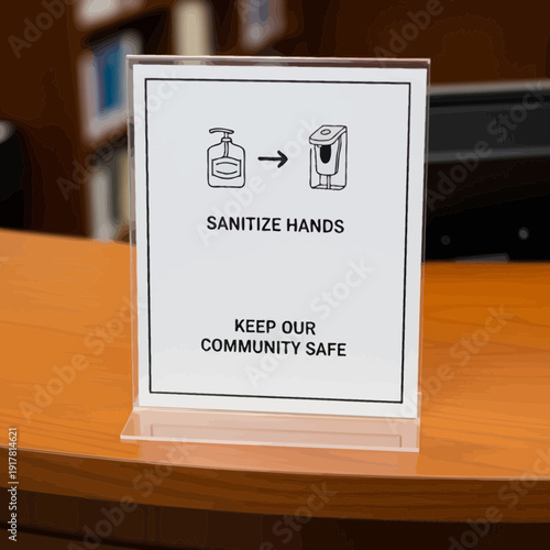 Clear Acrylic Sign Promoting Hand Sanitization and Community Safety on a Wooden Countertop