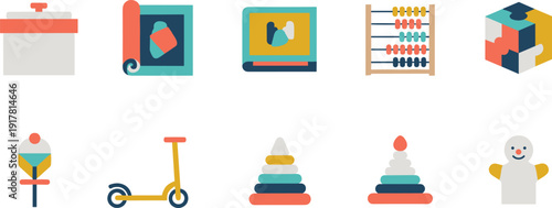 Kindergarten Educational Toys and Kids Activity Icon Set with Abacus Scooter Pyramid Puzzle and Drum Vector Illustration for Preschool Learning Design.