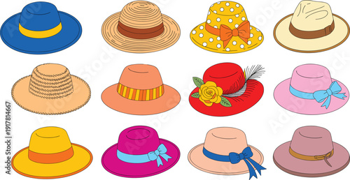 Colorful summer hat illustration set, stylish fashion headwear collection, straw vintage modern designs isolated, trendy accessory vector for seasonal style