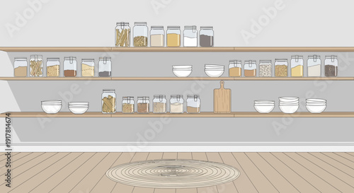 Kitchen Shelves with Various Food Containers.