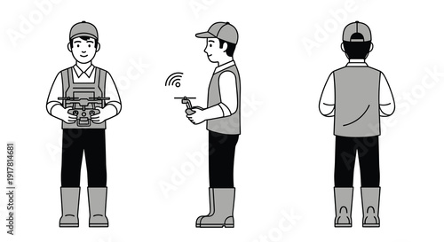 A male farmer in a vest and cap is shown in three poses operating a drone with a remote controller, Generative AI.