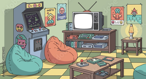 Retro Game Room Interior with Bean Bags.
