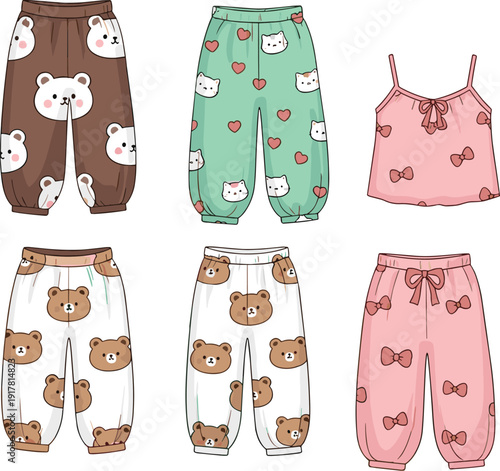 Cute kids sleepwear clothing illustration featuring cartoon pajamas pants top nightwear apparel comfortable trendy modern flat fashion design set
