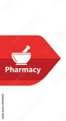 Bold Pharmacy Emblem: Vibrant Red Banner Featuring Mortar and Pestle for Healthcare and Wellness