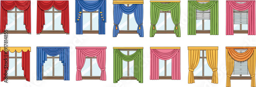 Colorful window curtain illustration set, decorative drapery styles collection, home interior fabric design elements isolated, modern classic vector decor