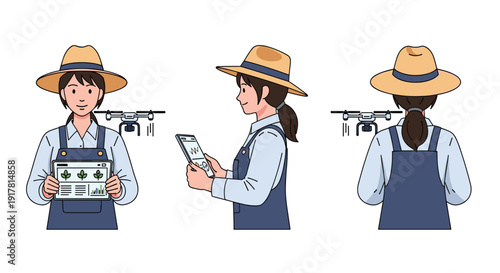 A woman farmer in hat and apron operates a drone via tablet shown in front side and back views, Generative AI.