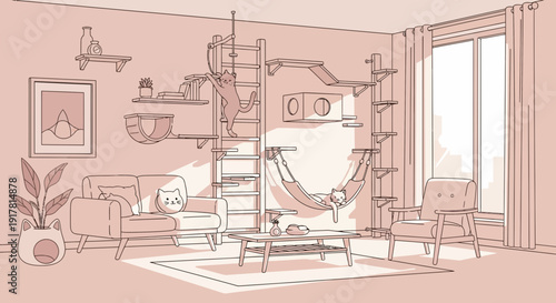 Sketch of Modern Loft Interior with Hammock.