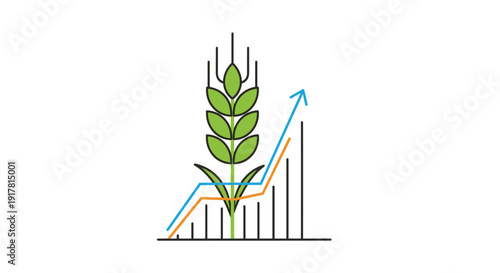 A vibrant green wheat stalk emerges from a bar chart with upward trending lines symbolizing agricultural growth and yield increase, Generative AI.