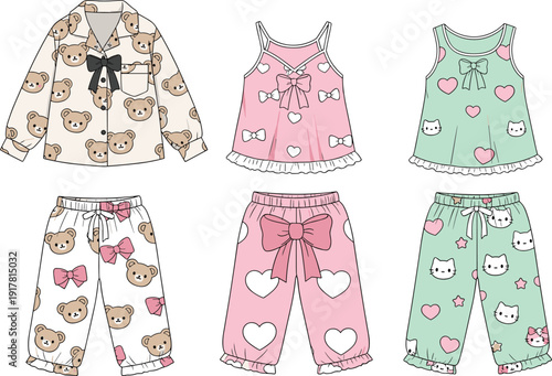 Cute kids sleepwear clothing illustration featuring pajamas tops pants cartoon prints comfortable nightwear apparel collection modern flat design style
