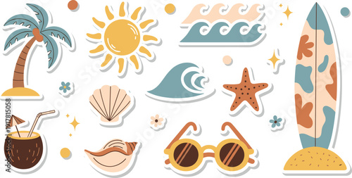 Cute Summer Beach Sticker Set with Palm Tree, Sun, Surfboard, Seashell, Starfish, Sunglasses, and Ocean Wave Cartoon Vector Collection.