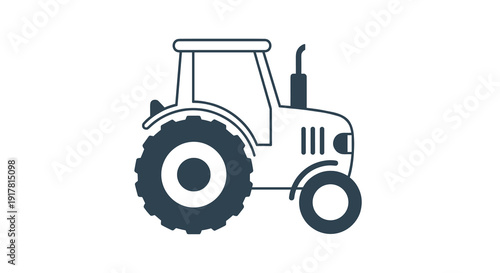 A simple black and white line icon depicts a large agricultural tractor ready for plowing and field work on a farm, Generative AI.
