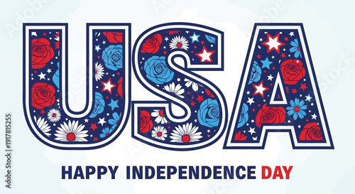 USA Happy Independence Day floral pattern typography vector graphic