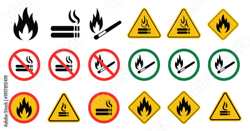 No open fire, no smoking icon symbol, vector illustration of prohibition, forbidden, and not allowed signs, isolated on white background, representing safety, fire prevention, hazard awareness, and 