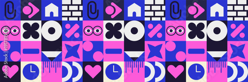 Kid friendly geometry mosaic with colorful pencil and education pattern.