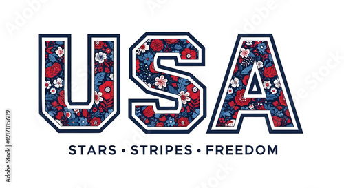USA patriotic floral lettering with stars and stripes pattern