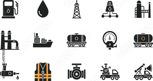 Oil and Gas Industry Silhouette Icon Set with Refinery, Tanker, Pipeline, Fuel Gauge, Pumpjack, and Safety Vest Vector Collection.