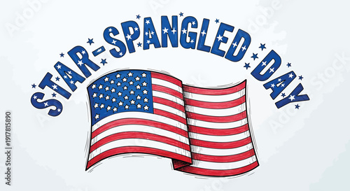 American patriotic icon with USA flags and Star-Spangled Day text, vector illustration